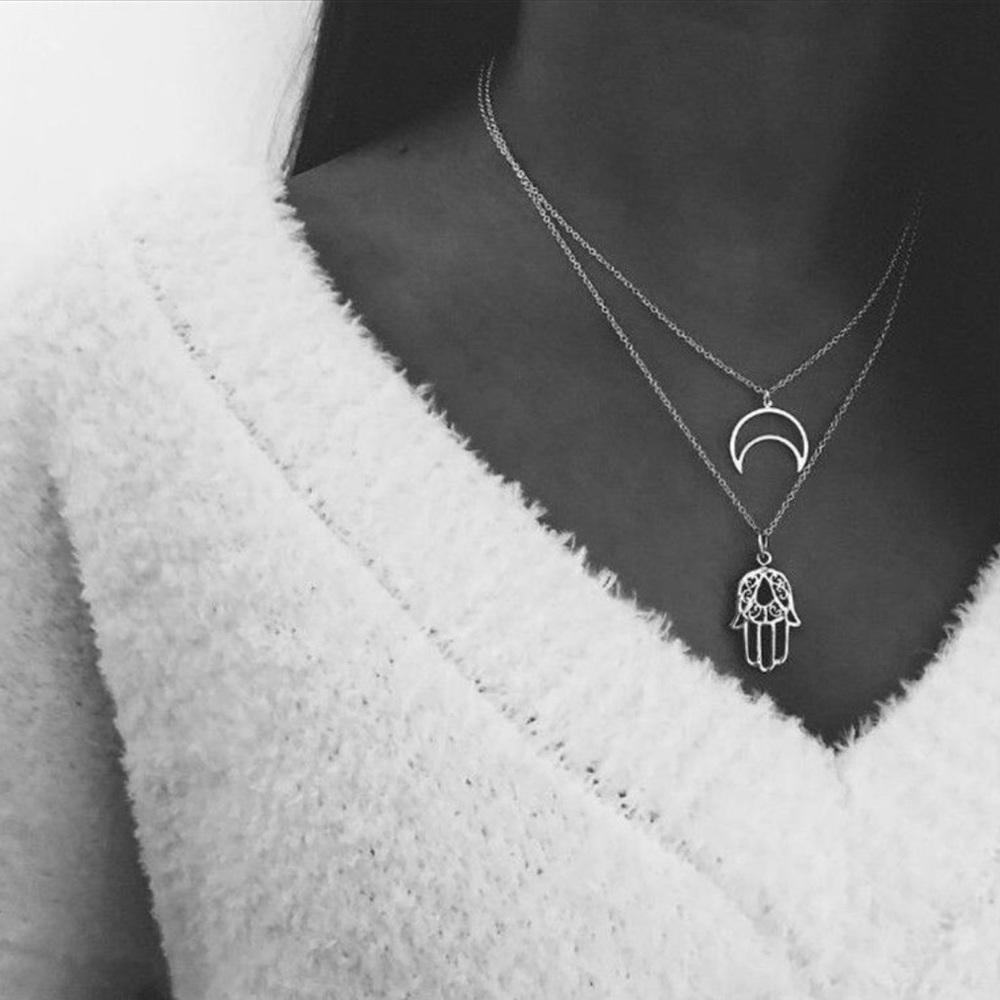 Hamsa & Crescent Moon Pendant Necklace